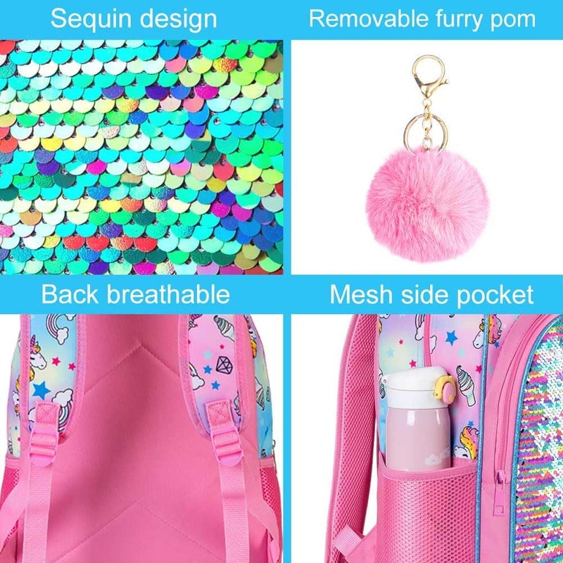 gxtvo 3PCS Unicorn Backpack for Girls, 16" Sequin Prechool Elementary Bookbag and Lunch Box - Image 5